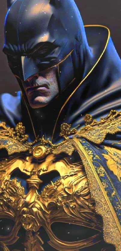 Batman in black and gold ornate costume on dark background.