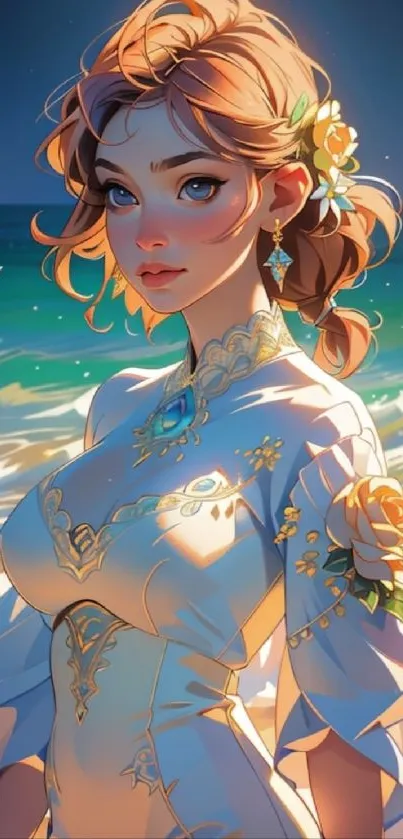 Elegant anime character on a beach with flowers in her hair.