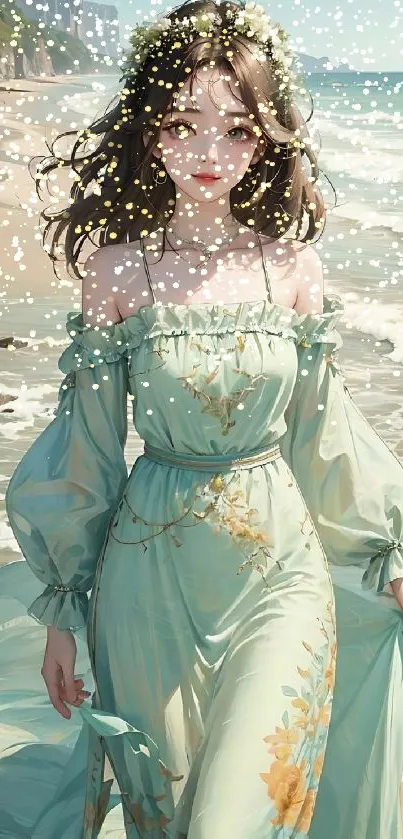 Fantasy artwork of a woman on a beach in a seafoam green gown.