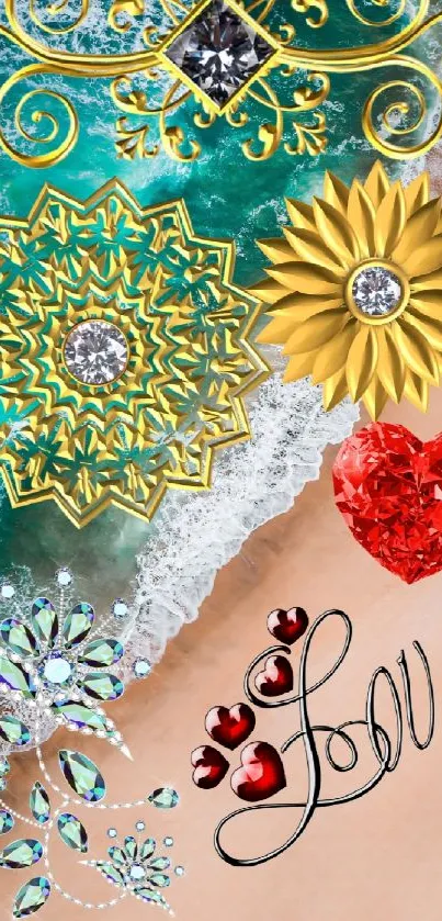 Intricate jewels and 'Love' text on a beach background with ocean waves.