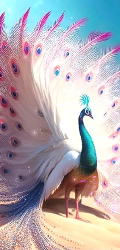 Majestic peacock on beach with vibrant feathers.