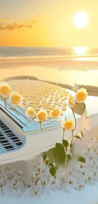 White grand piano with roses at beach sunset.