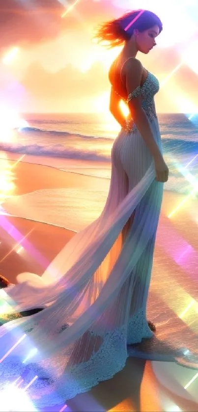 Woman in elegant dress on beach during sunset.