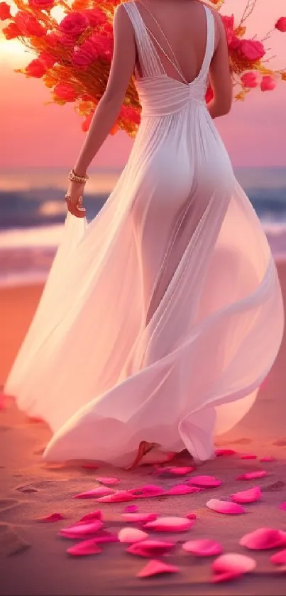 Elegant woman in white dress on beach with pink flowers at sunset.