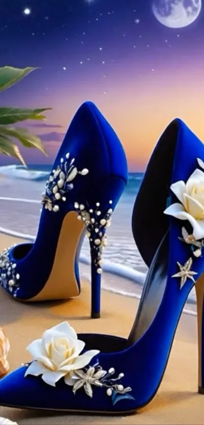 Blue heels with floral design on a beach