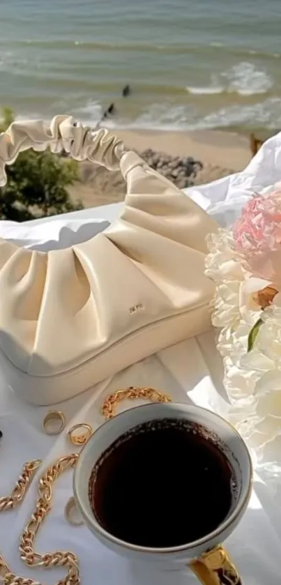 Elegant setup with purse, coffee, and flowers by the beach.