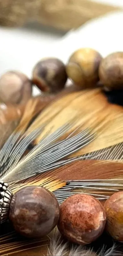 Beaded bracelet with feathers on display, showcasing rustic elegance.