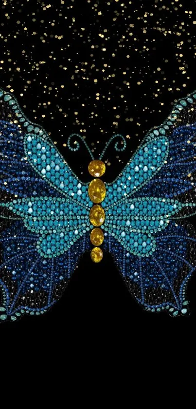 Beaded butterfly with gold accents on a black background.