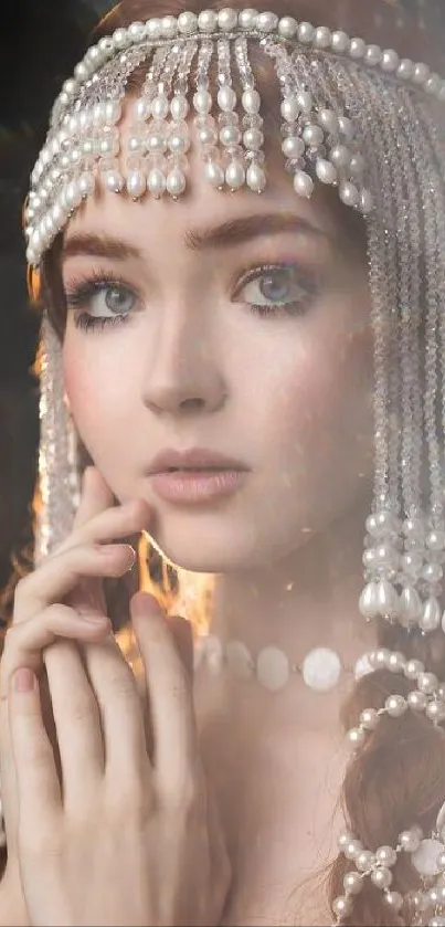 Woman with beaded headpiece and pearls in elegant portrait.