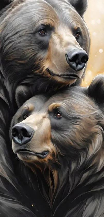 Artistic rendering of two bears in a serene natural setting.