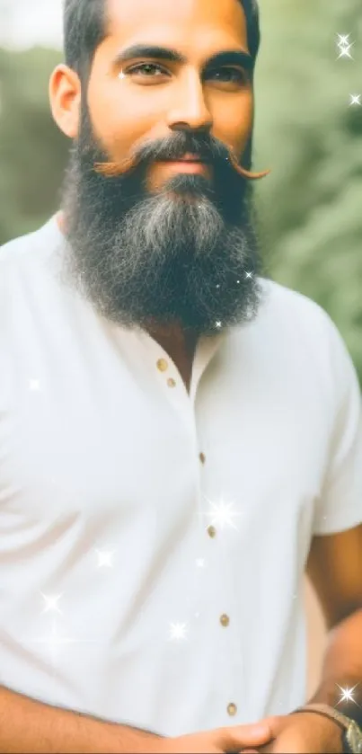 Stylish bearded man in white shirt, outdoors with lush greenery.