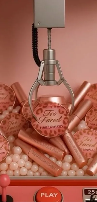 Pink-themed claw machine filled with beauty products.