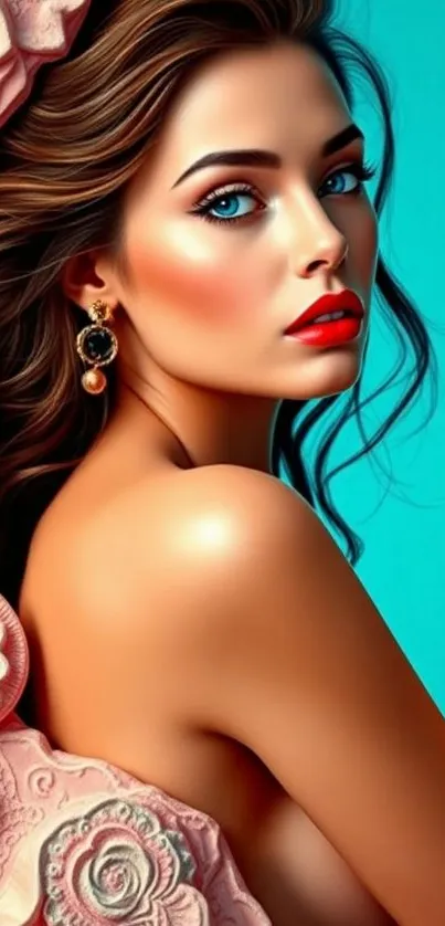 Stylized elegant portrait art wallpaper with turquoise background.
