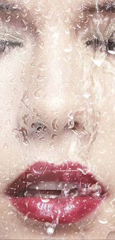 Close-up of a woman's face with water droplets and elegant makeup.