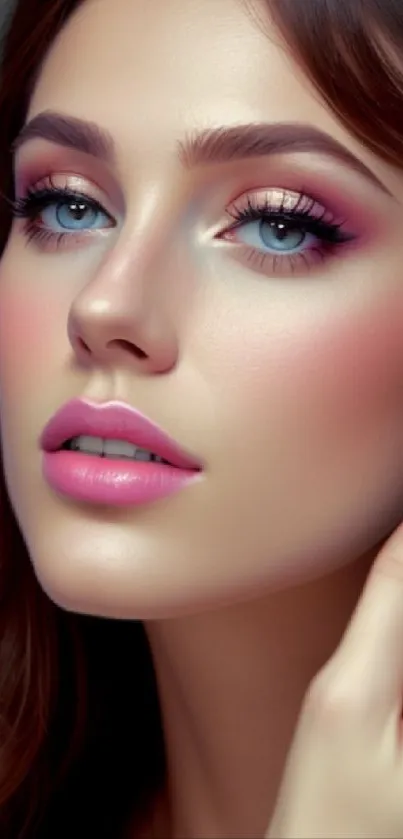 Woman's elegant face with vibrant pink makeup.