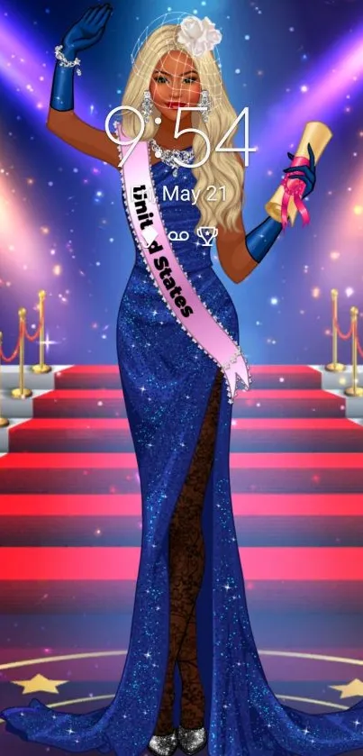 Glamorous pageant winner in blue gown on a red carpet stage.