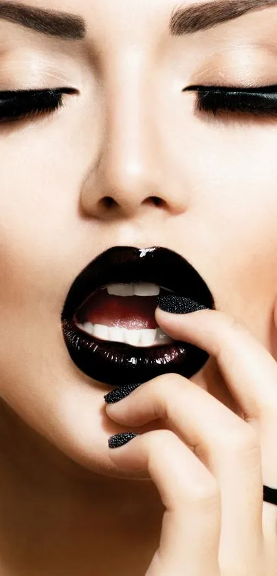 Close-up wallpaper with bold black lips and elegant style.