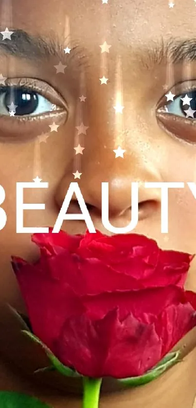 Close-up of a person with a red rose and the word 'BEAUTY' displayed.