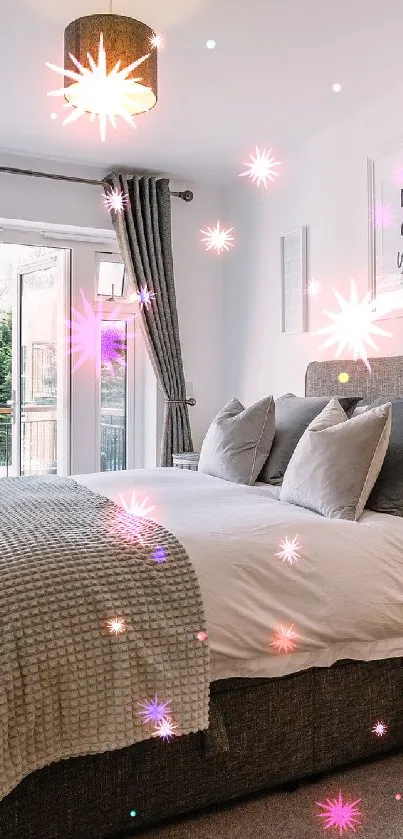 Elegant bedroom with cozy bed and neutral tones.