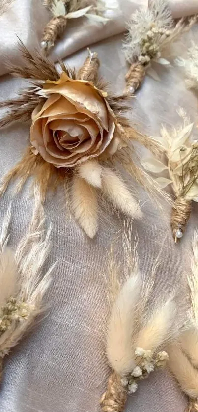 Elegant beige floral wallpaper with a central rose and dried flowers.