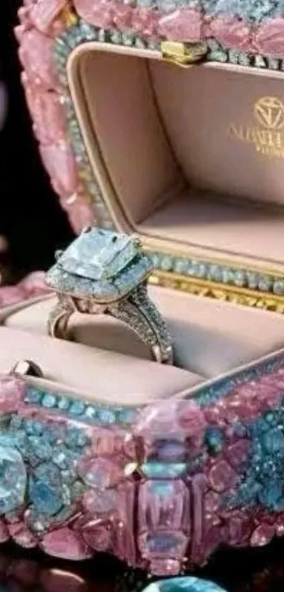 Exquisite diamond ring in ornate jeweled box.