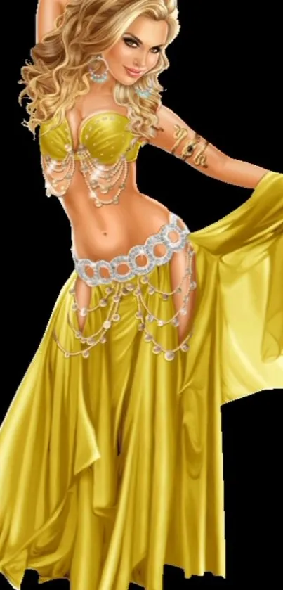 Artistic illustration of a belly dancer in a gold dress.