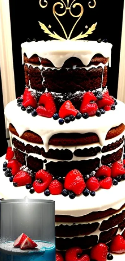Three-tier chocolate cake with white frosting and berries as a phone wallpaper.