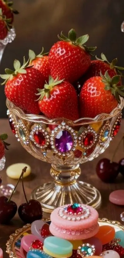 Luxury wallpaper with jewel-encrusted dessert bowls and vibrant strawberries.
