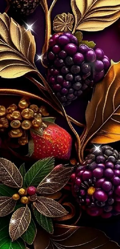 Elegant fruit and leaf design wallpaper with rich gold and purple tones.