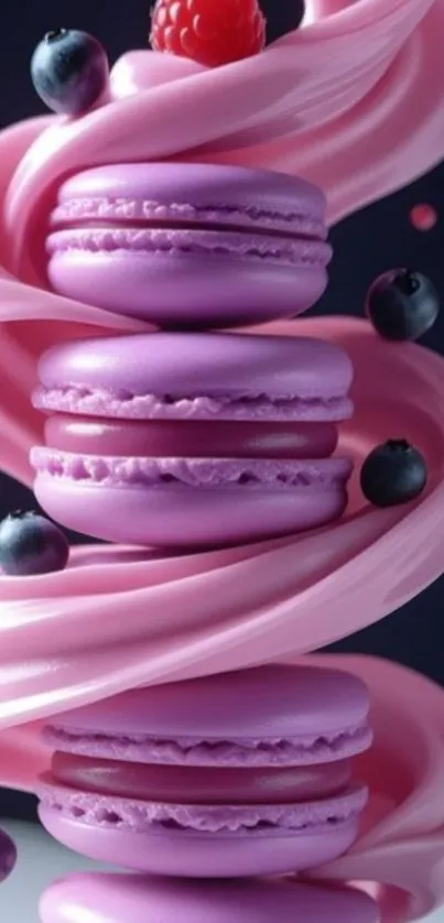 Pink macarons and cream with berries wallpaper.