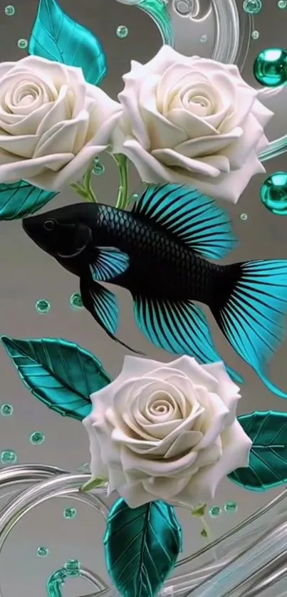 Elegant betta fish swimming with white roses and turquoise accents in a stylized design.