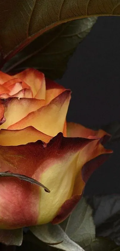 Bicolor rose with orange and yellow petals against dark leaves.