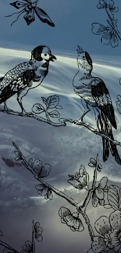 Artistic birds on branches with a blue backdrop.