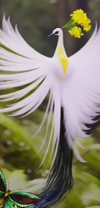 Artistic white bird with butterfly in lush green forest setting.