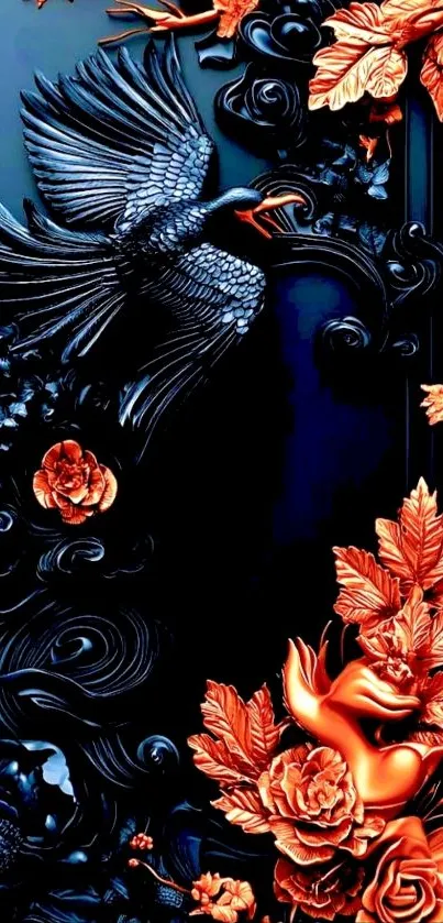 Intricate bird and floral design on dark wallpaper.