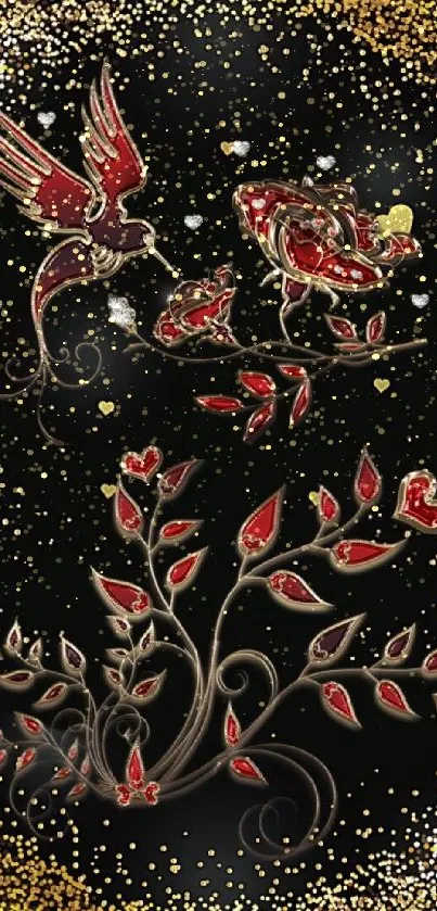 Elegant red bird and floral design on black and gold background.