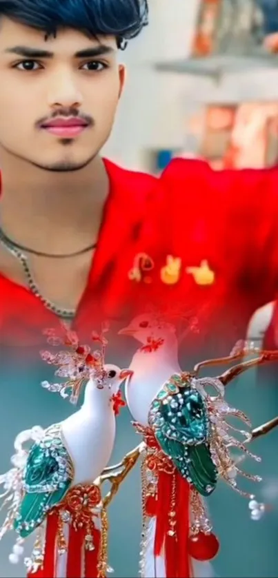 Man with vibrant red shirt and ornamental birds.