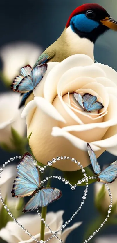 Colorful bird with butterflies on a white rose, enhanced by diamond heart outlines.