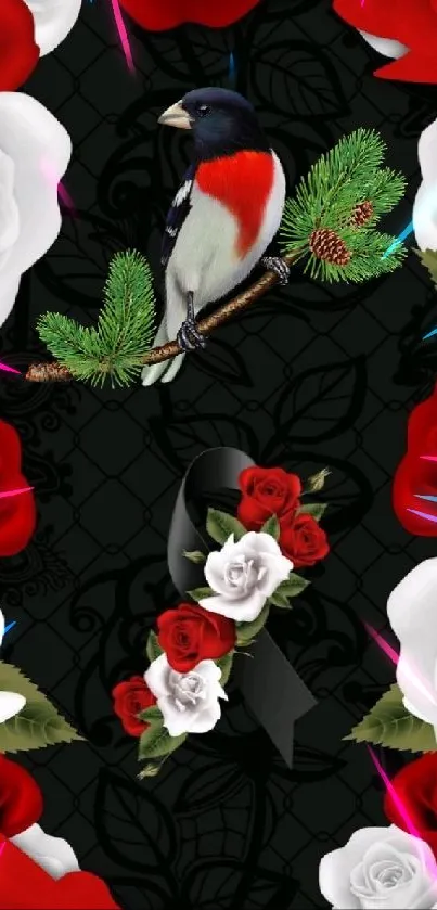 Bird and roses with black floral background wallpaper.