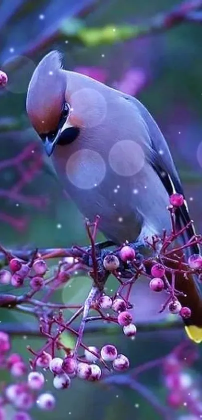 Elegant bird perched on a vibrant berry branch.