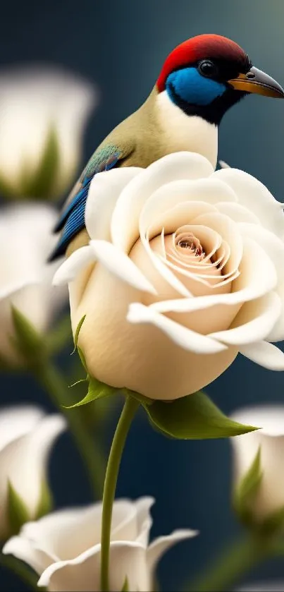 A colorful bird perched on a white rose.