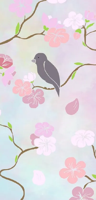 Elegant mobile wallpaper of birds and flowers with pastel colors.