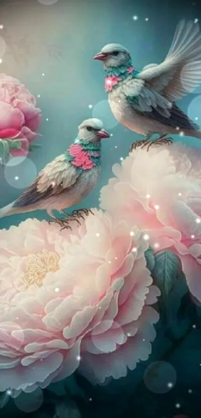 Mobile wallpaper with birds and pink peonies.