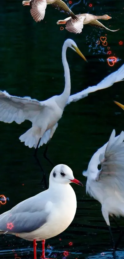 Graceful white birds flying over dark water with heart-shaped accents.