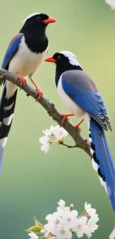 Two elegant birds perched on a blossoming branch.