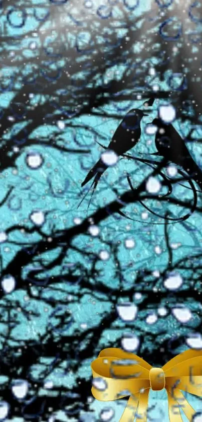 Silhouetted birds on a blue background with water droplets and trees.