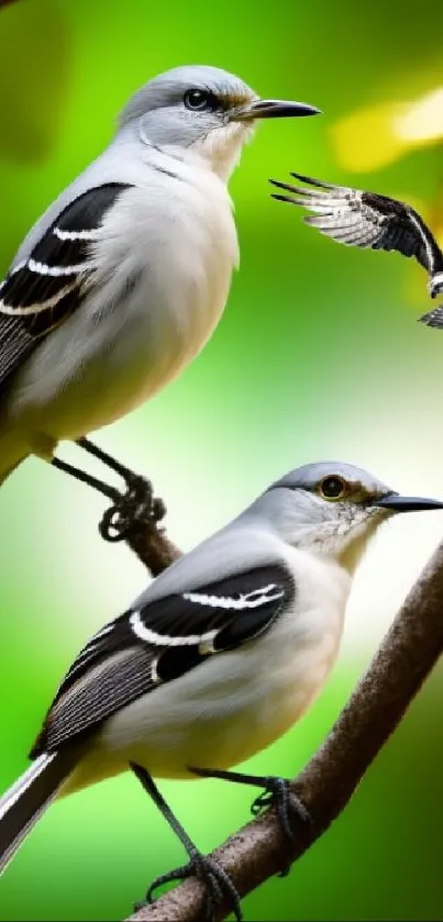 Two elegant birds perched on branches with a bright green background.