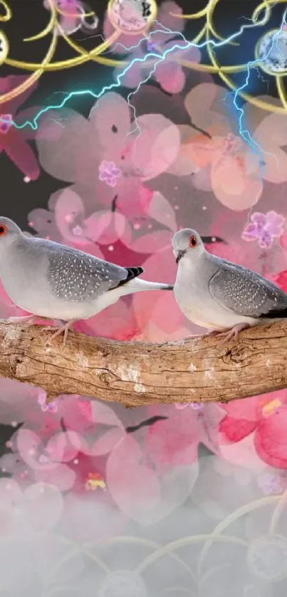 Two gray birds on a branch with pink floral background and lightning.