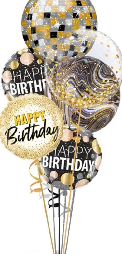 Elegant birthday balloons in gold, black, and white design.