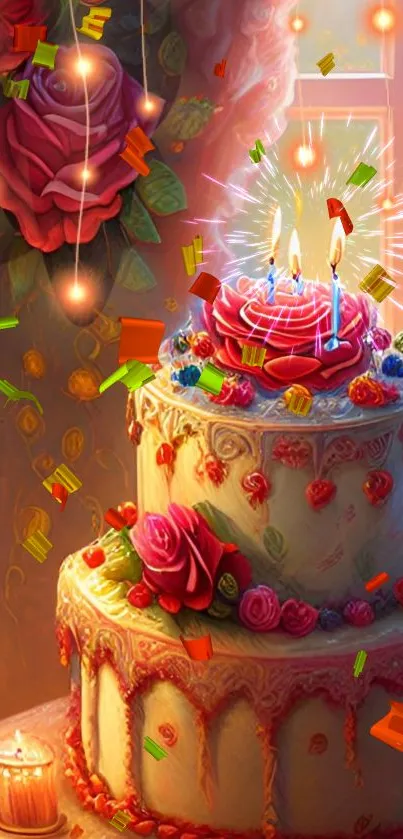 Elegant birthday cake with roses and candles in a sunset glow.